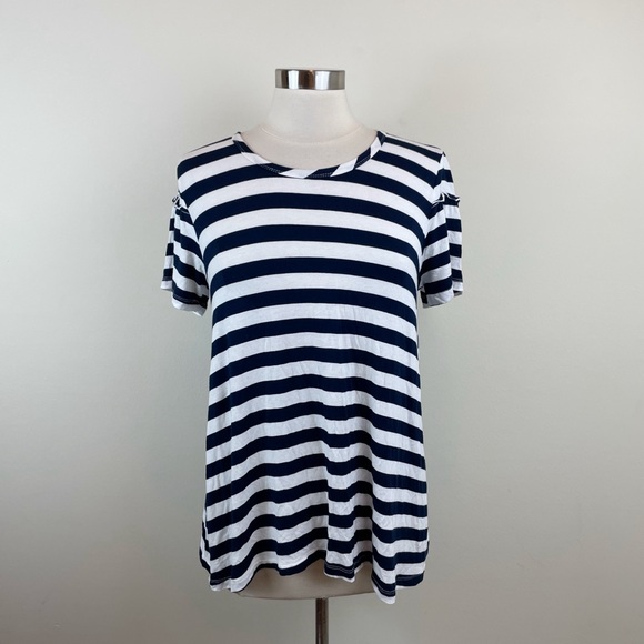 Hem & Thread Blue White Stripe Ruffle Short Sleeve Top Women Medium - Picture 1 of 6